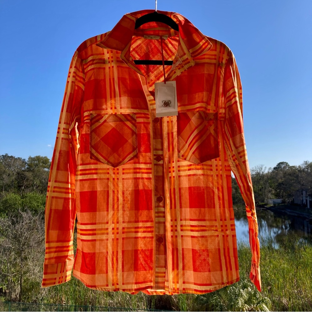 MORENA ROSA BLOUSE NWT Orange Plaid Long Sleeve Button Down Blouse Size Medium.